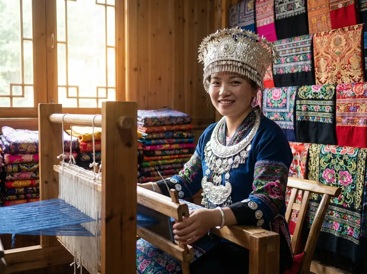 年轻的侗族织锦传承人杨小妹在她的现代设计作品前 - 少妇视频